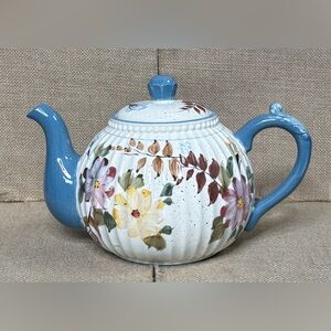 Speckled Floral Teapot Hand Painted Dusty Blue Handle & Spout Cottage Core